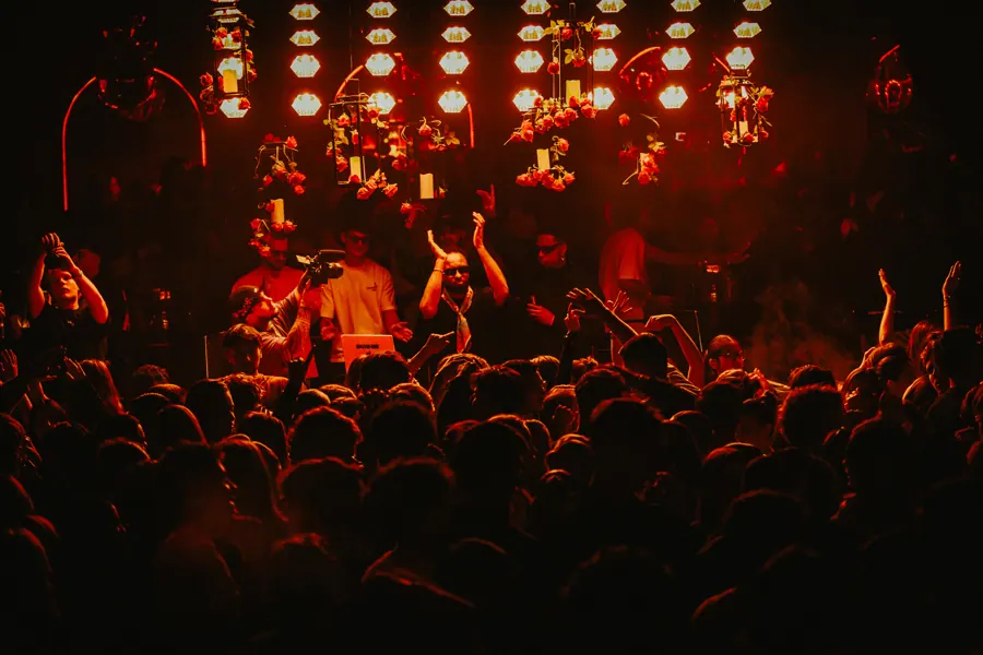 Crowd with raised hands in front of OKEMI under lanterns and roses